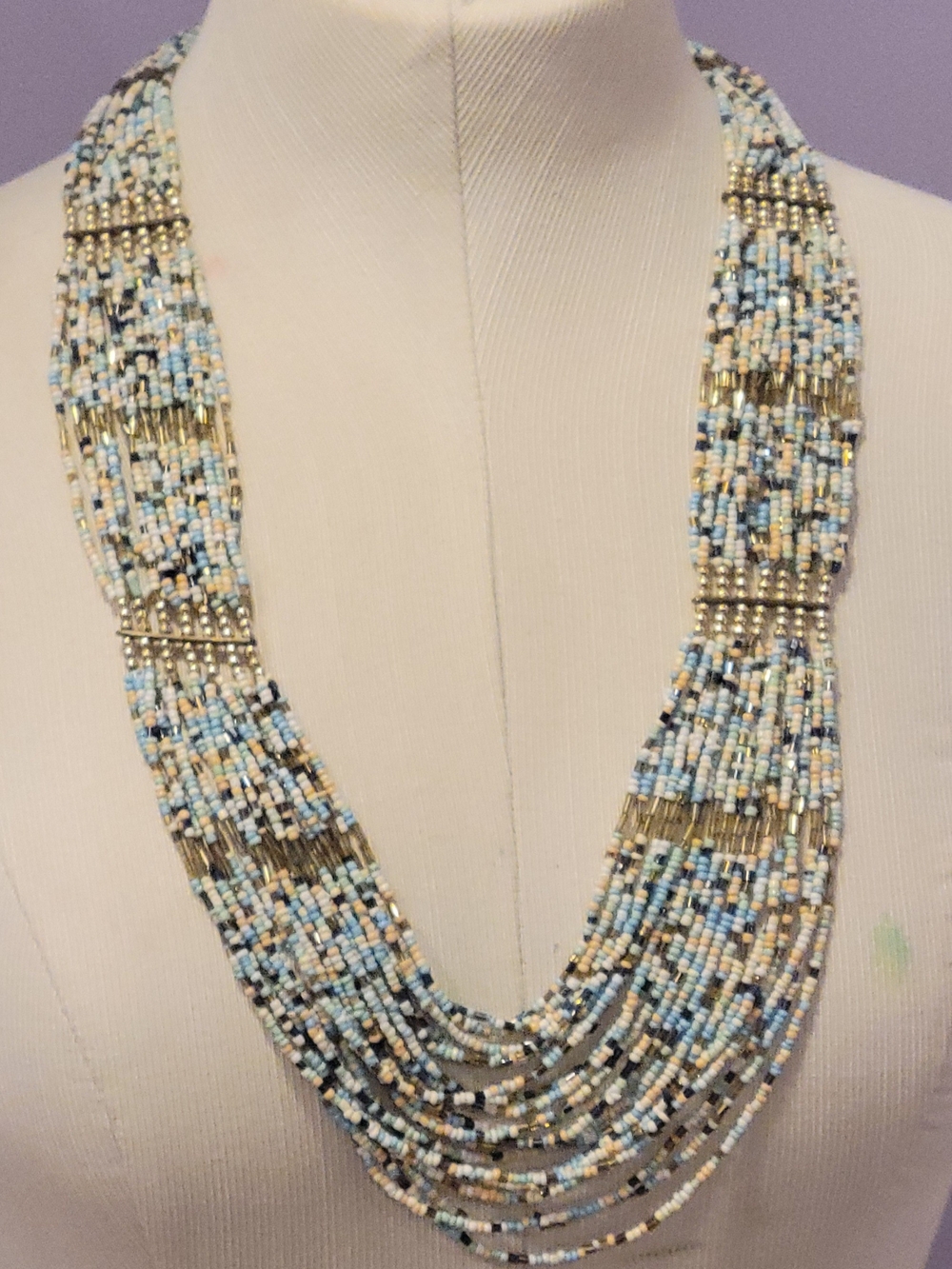 Multi-Strand Seed Bead Necklace in Light Blue and Gold